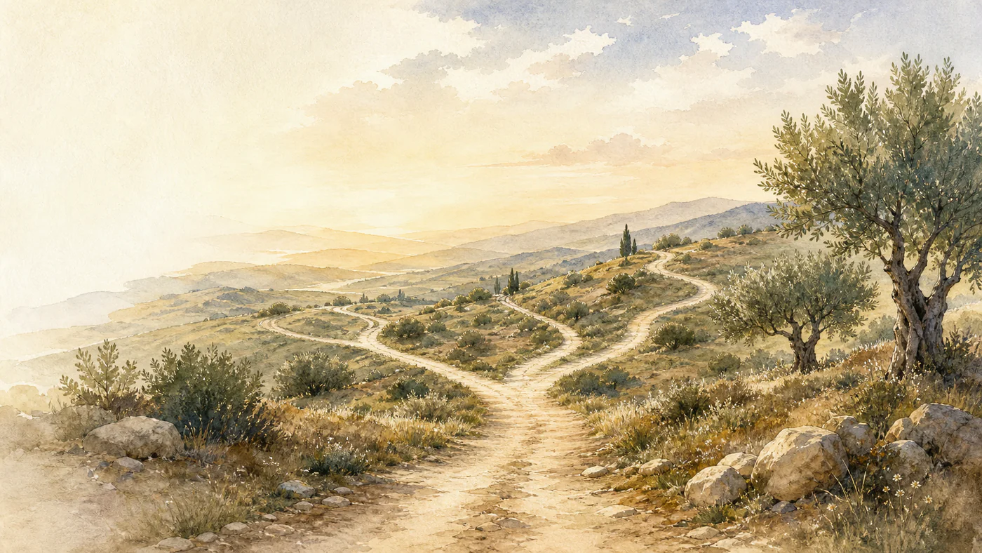Ein heller Weg verzweigt sich zwischen Olivenbäumen in einer weiten Landschaft