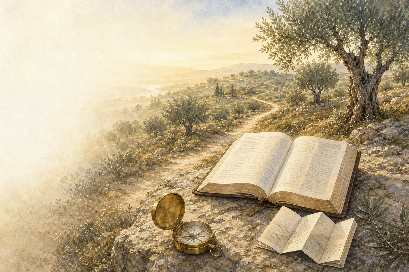 Eine aufgeschlagene Bibel, ein Kompass und ein kleines Leseheft an einem Weg durch eine Olivenlandschaft