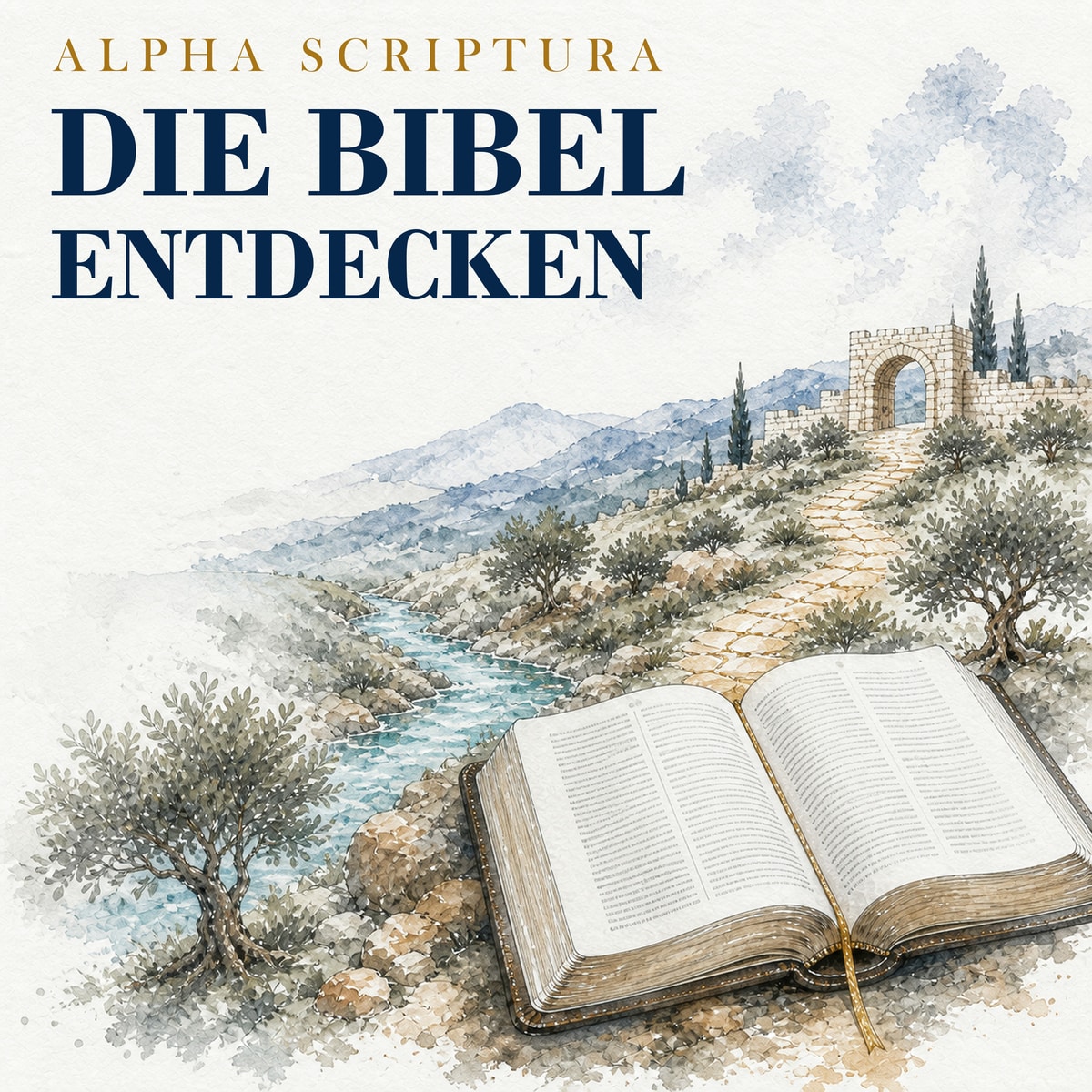 Podcastcover von Alpha Scriptura – Die Bibel entdecken: Eine geöffnete Bibel führt in eine farbige biblische Landschaft.